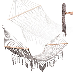 Zahradní houpací síť boho s třásněmi, závěsné lehátko makramé 200 cm Šedá