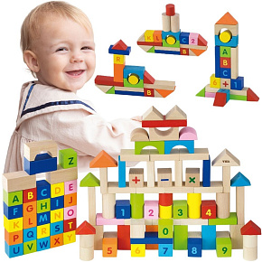 VIGA Klocki Drewniane Edukacyjne 100 elem. Cyferki Literki