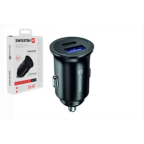 Nabíječka do auta, 1xUSB-C PD, 1xUSB QC 3.0, 36W, černá
