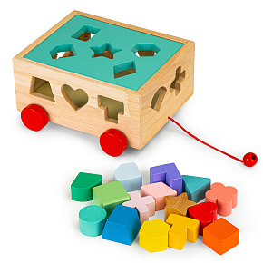 Drewniany wózek sorter z klockami kostka edukacyjna dla dzieci ECOTOYS Drewniany wózek sorter z klockami kostka edukacyjna dla dzieci ECOTOYS