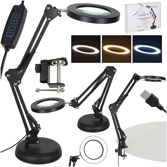 Stolní LED lampa s lupou, otočné rameno, 2 způsoby upevnění