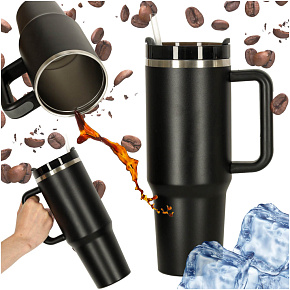 Termohrnek se slámkou a držadlem termoska 1200ml černý