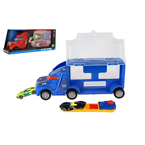 Auto kamion přepravník + auto 2ks plast 28cm na volný běh 2 barvy v krabici 29x12x8cm