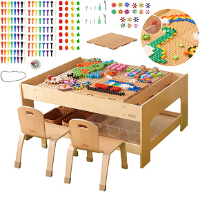MASTERKIDZ Dřevěný Vzdělávací Stůl + PŘÍSLUŠENSTVÍ STEM WALL + 135 Kostek