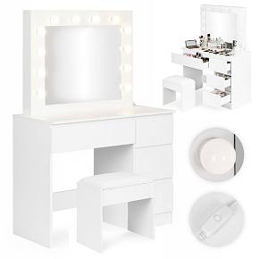 Kosmetický toaletní stolek se zrcadlem a LED osvětlením 4 zásuvky taburet ModernHome
