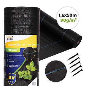 Černá agrotextilie UV 90g protiplevelová rohož 1,6x50m kolíky MulltiGarden