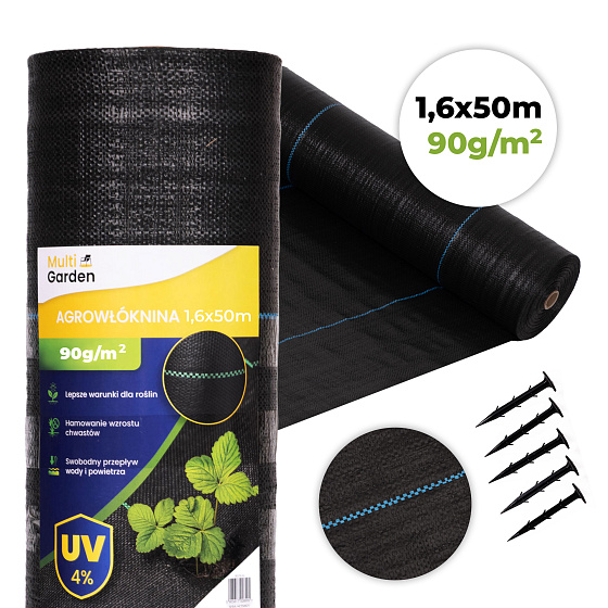 Černá agrotextilie UV 90g protiplevelová rohož 1,6x50m kolíky MulltiGarden