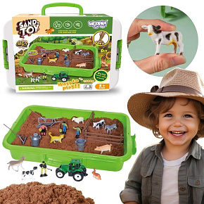 WOOPIE Sada Kinetický Písek Farma v Kufříku Traktor Zvířata 1500g