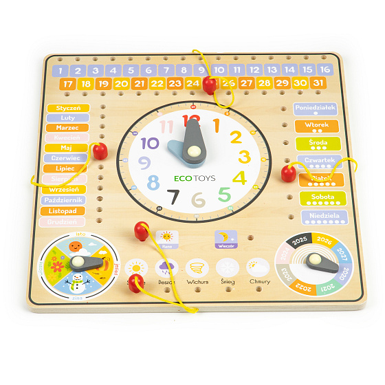 Dřevěná manipulační tabule kalendář hodiny ECOTOYS