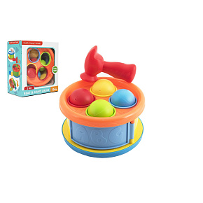 Zatloukačka/Bubínek 17cm 2v1 plast s kladívkem s míčky 4ks y v krabici 18x20x10cm 12m+