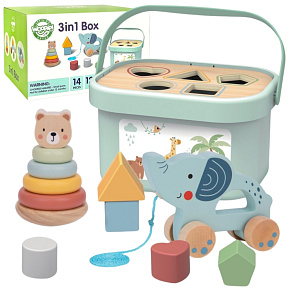 WOOPIE GREEN Krabice Třídič Box 3v1 Kostky Pyramida Slon FSC