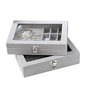 Herzberg HG-05361 : organiseur à bijoux en velours avec couvercle en verre, 9 compartiments et 7 emplacements pour bagues